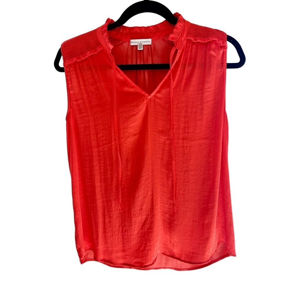 Maison d'Amelie Paris Coral Sleeveless Ruffle Neck Tie Blouse Smocked Shoulder